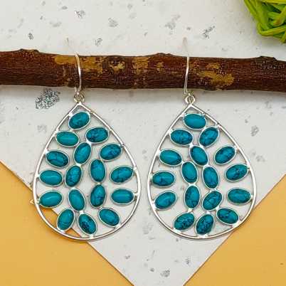 Statement Turquoise Multi Gemstone One Of A Kind Dangle Earrings 925 Sterling Silver