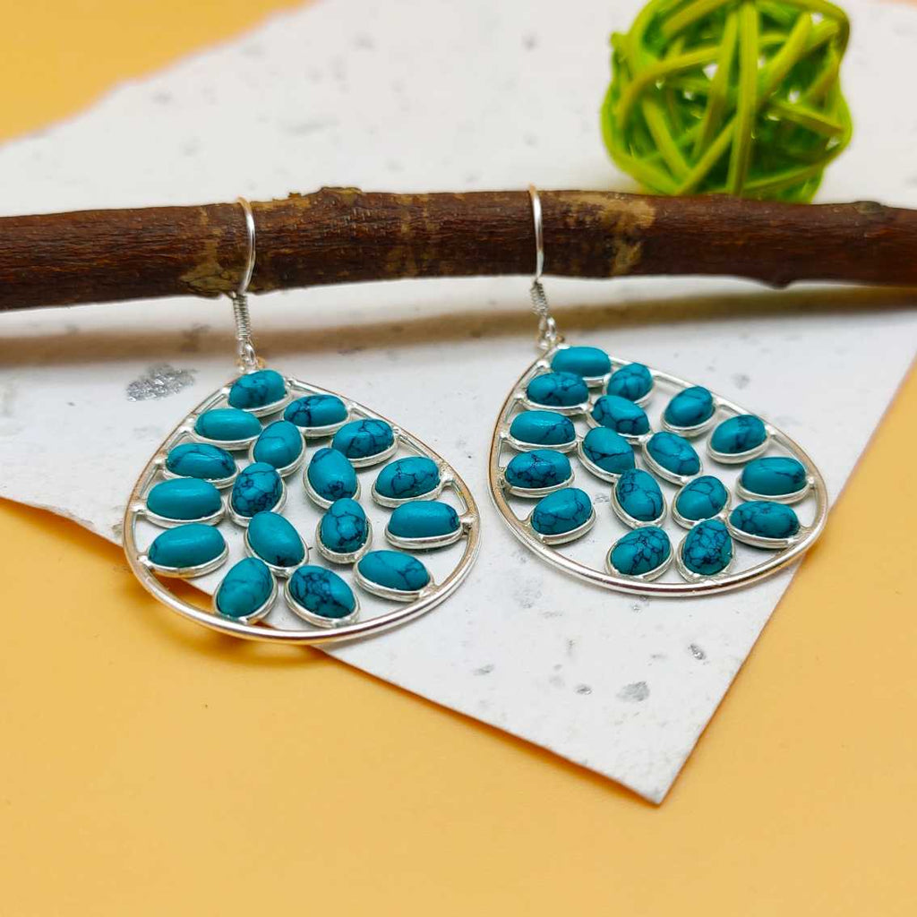 Statement Turquoise Multi Gemstone One Of A Kind Dangle Earrings 925 Sterling Silver