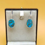 Blue Copper Turquoise Oval Dangle Earrings in 925 Sterling Silver