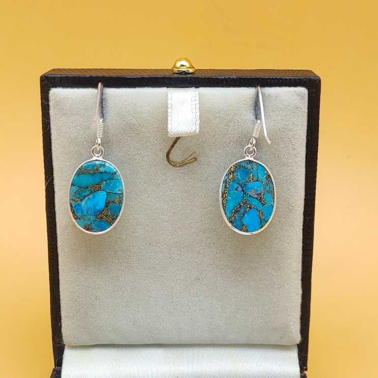 Blue Copper Turquoise Oval Dangle Earrings in 925 Sterling Silver