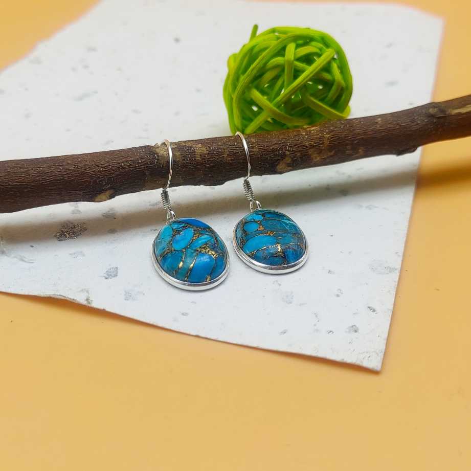Blue Copper Turquoise Oval Dangle Earrings in 925 Sterling Silver