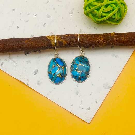 Blue Copper Turquoise Oval Dangle Earrings in 925 Sterling Silver