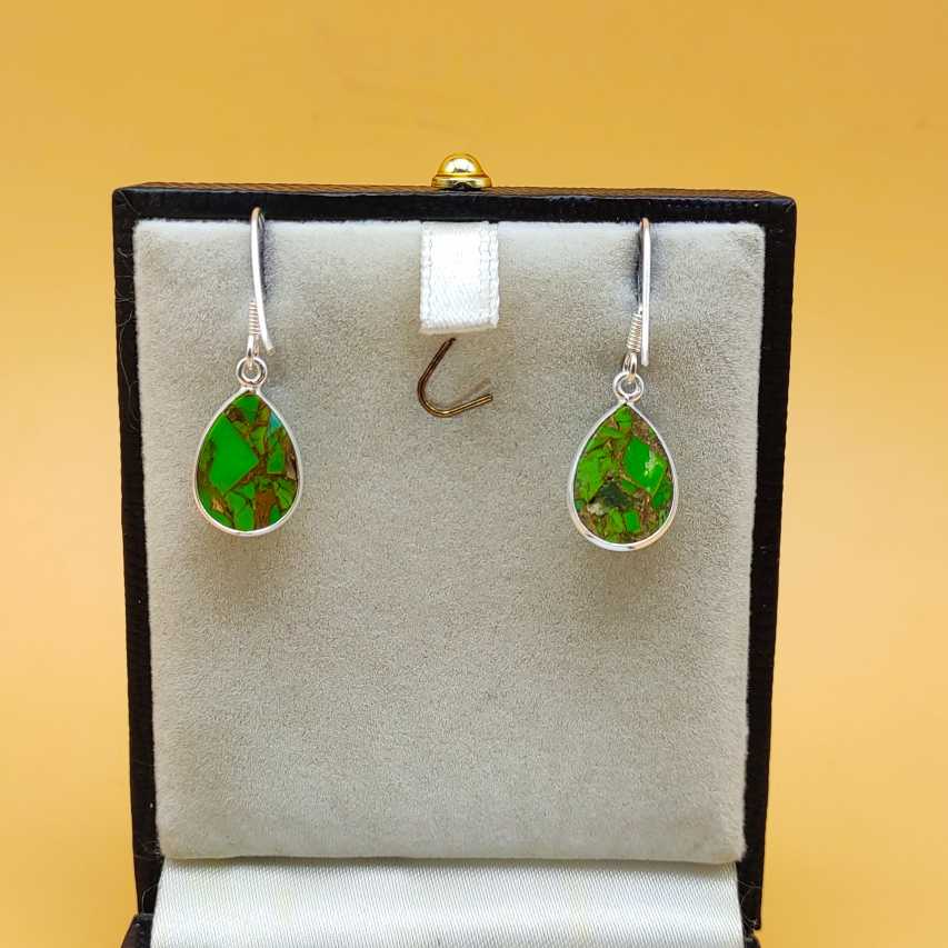 Green Copper Turquoise Drop Dangle Earrings in 925 Sterling Silver