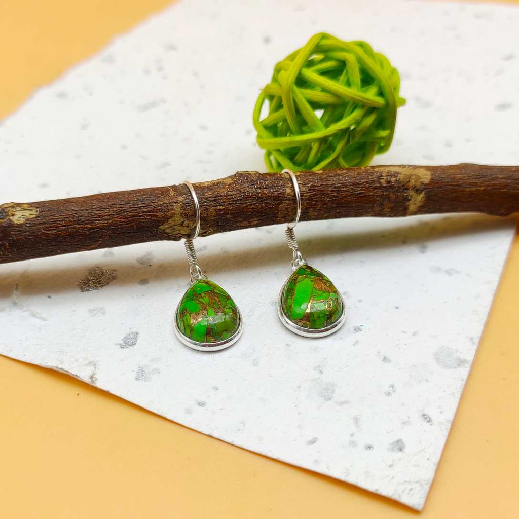 Green Copper Turquoise Drop Dangle Earrings in 925 Sterling Silver