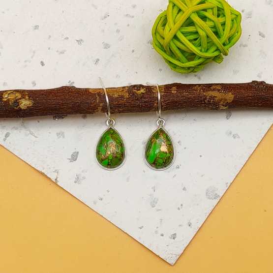 Green Copper Turquoise Drop Dangle Earrings in 925 Sterling Silver