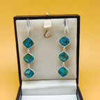 Blue Copper Turquoise Cushion Triple  Dangle Earrings in 925 Sterling Silver