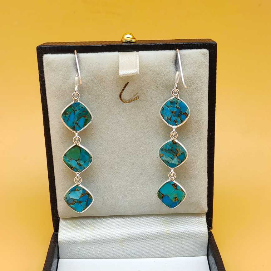 Blue Copper Turquoise Cushion Triple  Dangle Earrings in 925 Sterling Silver