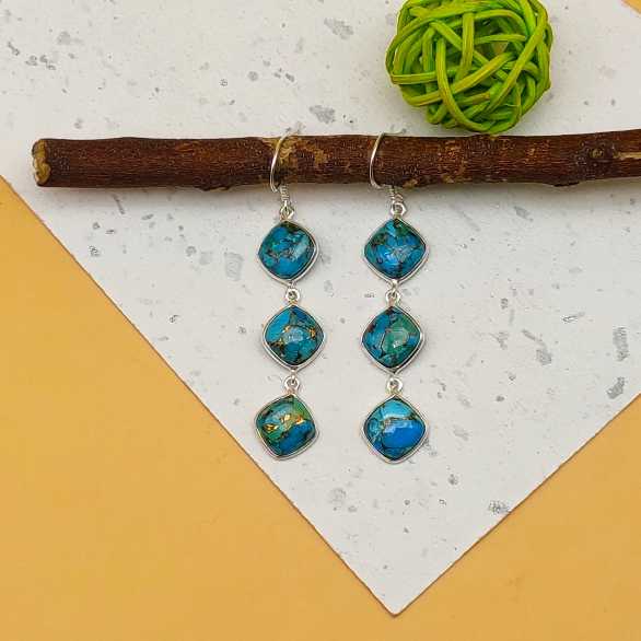 Blue Copper Turquoise Cushion Triple  Dangle Earrings in 925 Sterling Silver