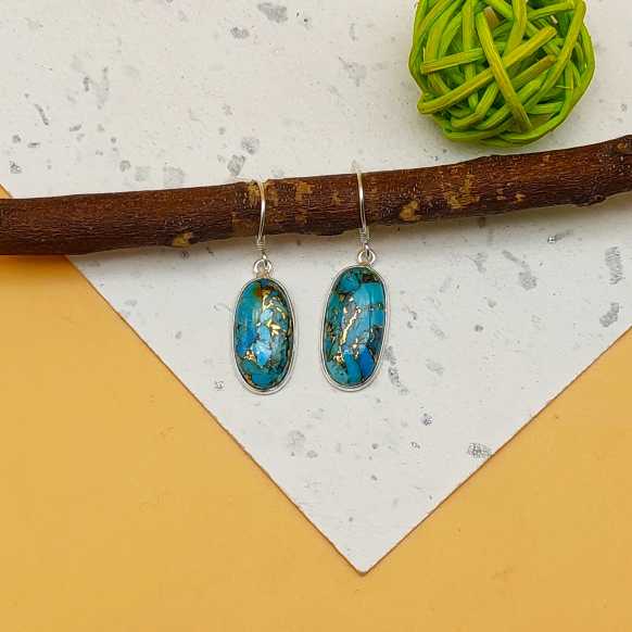 Blue Copper Turquoise Oval Dangle Earrings in 925 Sterling Silver