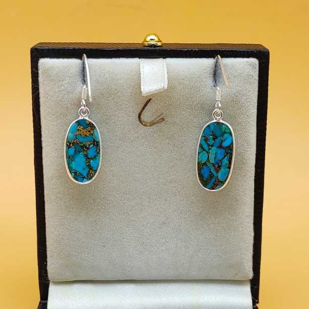 Blue Copper Turquoise Oval Dangle Earrings in 925 Sterling Silver