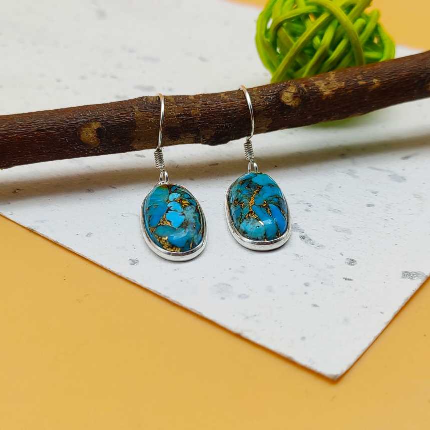 Blue Copper Turquoise Oval Dangle Earrings in 925 Sterling Silver