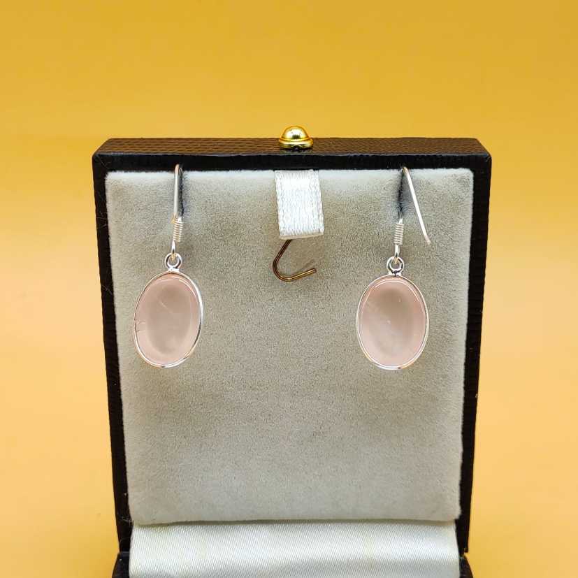 Rose Quartz Oval Dangle Earrings in 925 Sterling Silver