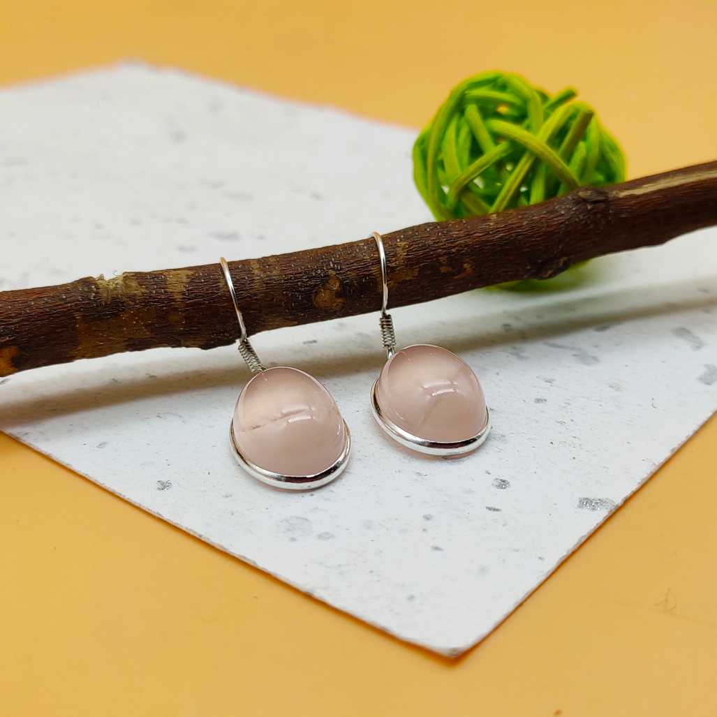 Rose Quartz Oval Dangle Earrings in 925 Sterling Silver