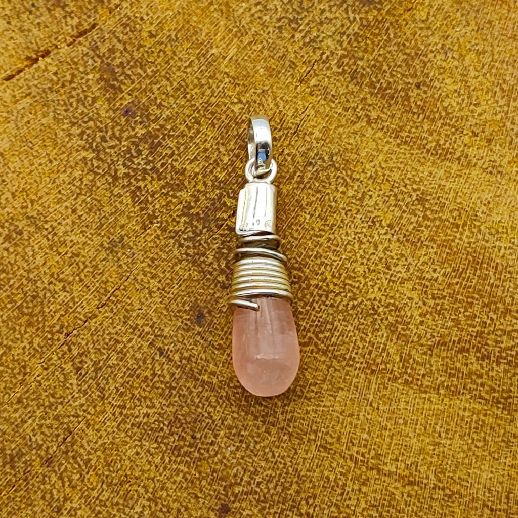 Rose Quartz Briolette Gemstone Nepali Bohemian Silver Pendant