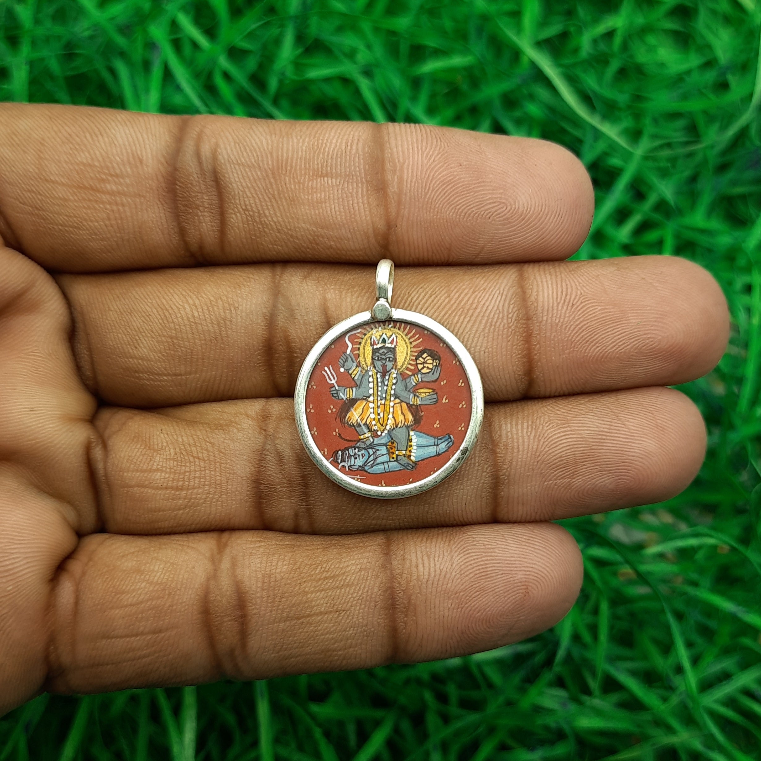 Goddess Kali Hand-Painted Pendant in 925 Sterling Silver – Powerful Divine Jewelry