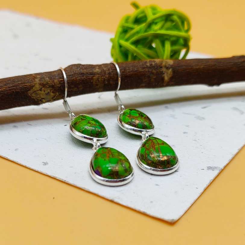 Green Copper Turquoise Drop Dangle Earrings in 925 Sterling Silver