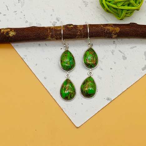 Green Copper Turquoise Drop Dangle Earrings in 925 Sterling Silver