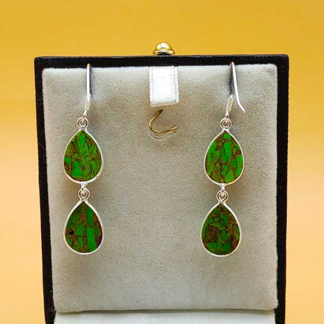 Green Copper Turquoise Drop Dangle Earrings in 925 Sterling Silver