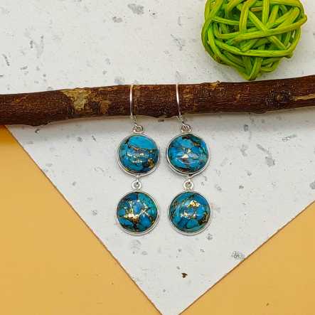 Blue Copper Turquoise Round Dangle Earrings in 925 Sterling Silver