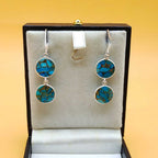 Blue Copper Turquoise Round Dangle Earrings in 925 Sterling Silver