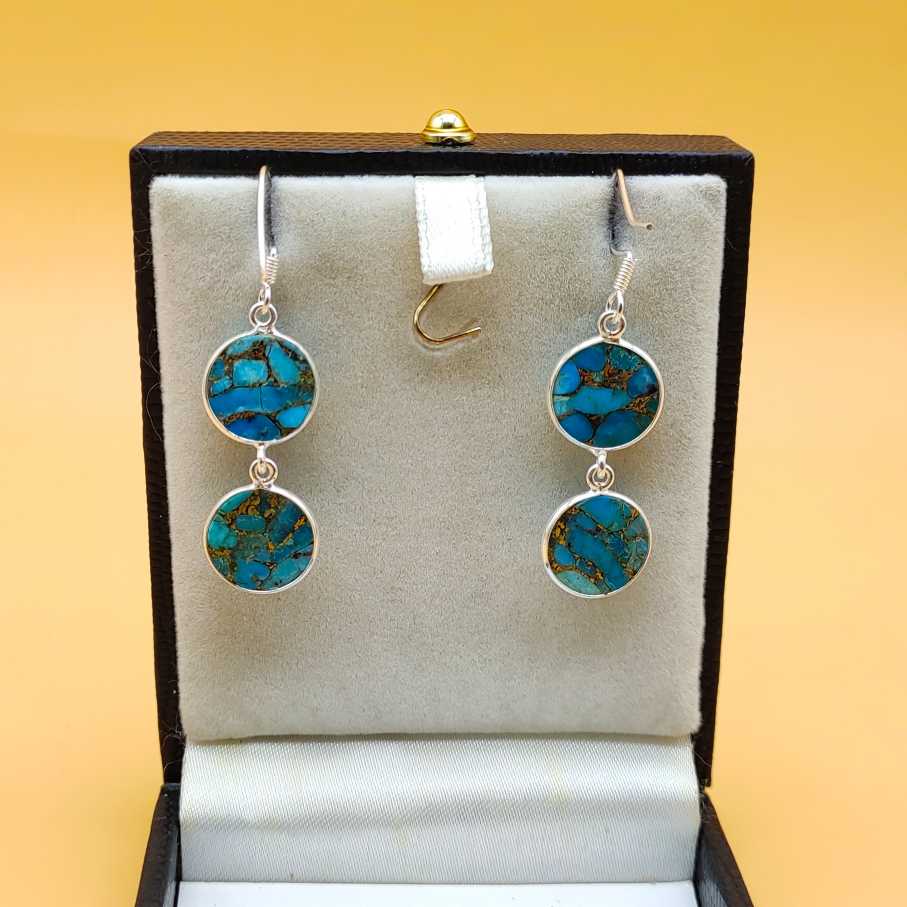 Blue Copper Turquoise Round Dangle Earrings in 925 Sterling Silver