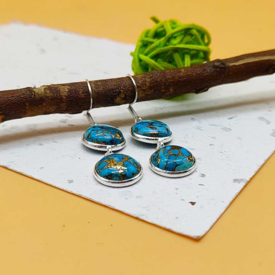 Blue Copper Turquoise Round Dangle Earrings in 925 Sterling Silver