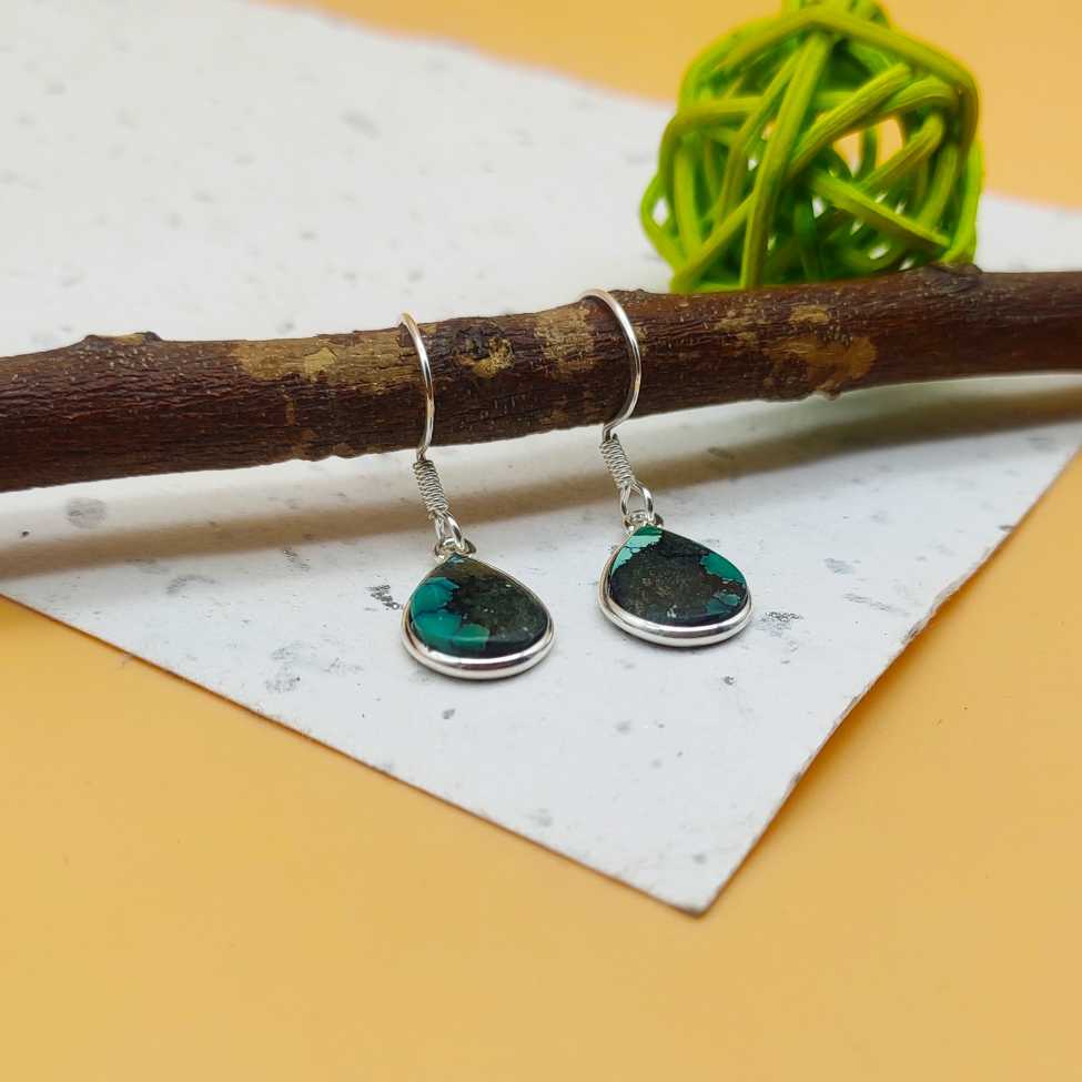 Tibetan Turquoise Drop Dangle Earrings in 925 Sterling Silver
