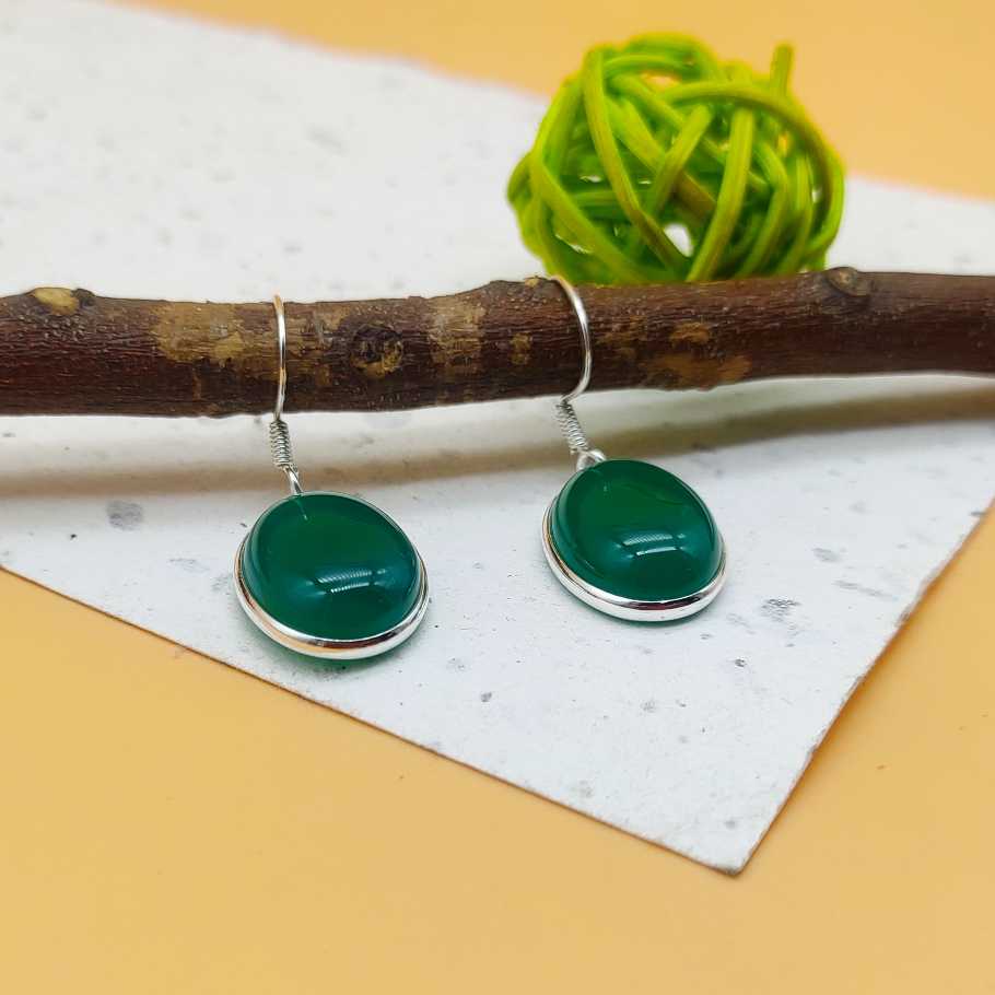Green Onyx Oval Dangle Earrings in 925 Sterling Silver