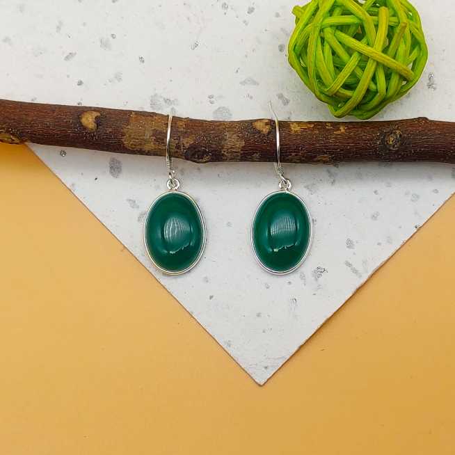 Green Onyx Oval Dangle Earrings in 925 Sterling Silver