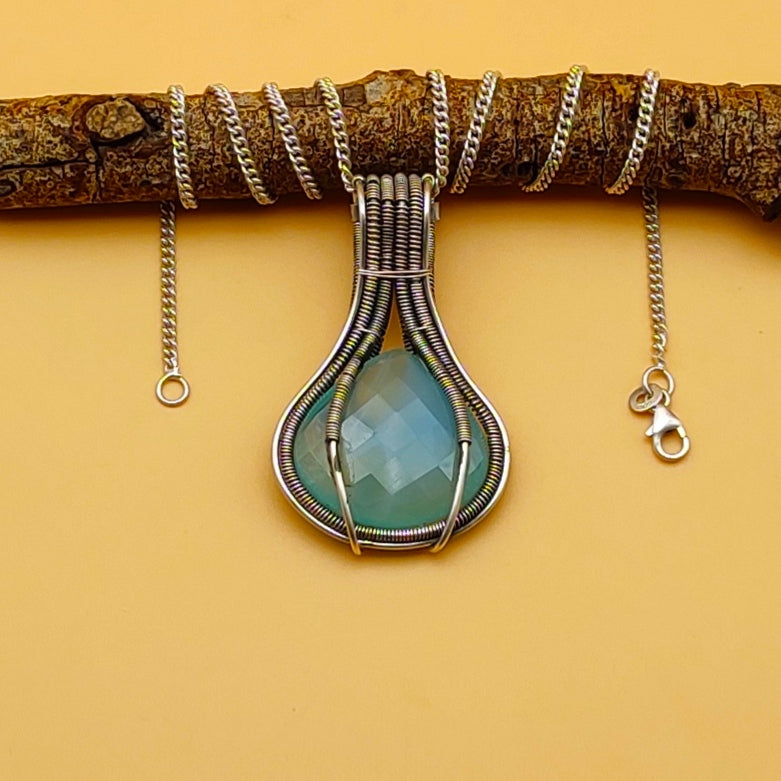Aqua Chalcedony 925 Silver Wire Wrapped Necklace Custom