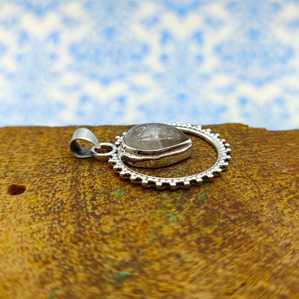 Rainbow Moonstone Sun Design Nepali Bohemian Silver Pendant