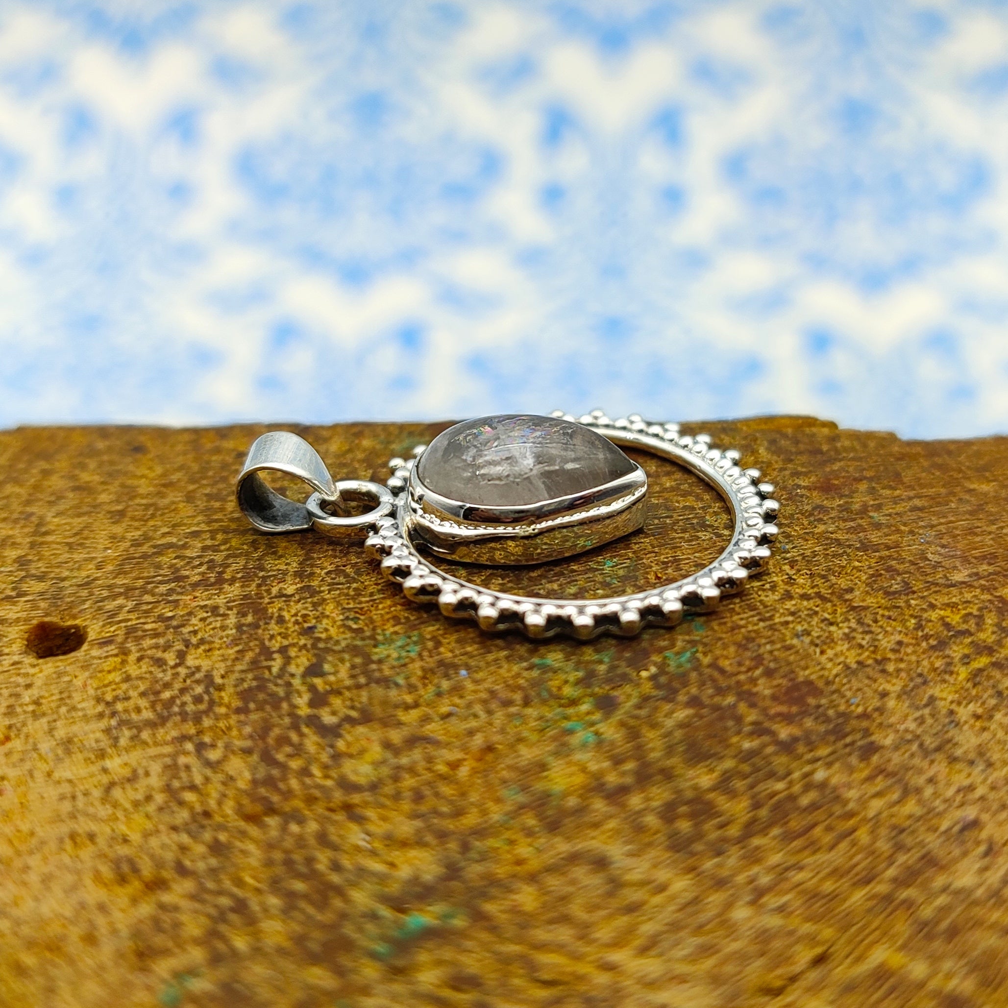 Rainbow Moonstone Sun Design Nepali Bohemian Silver Pendant