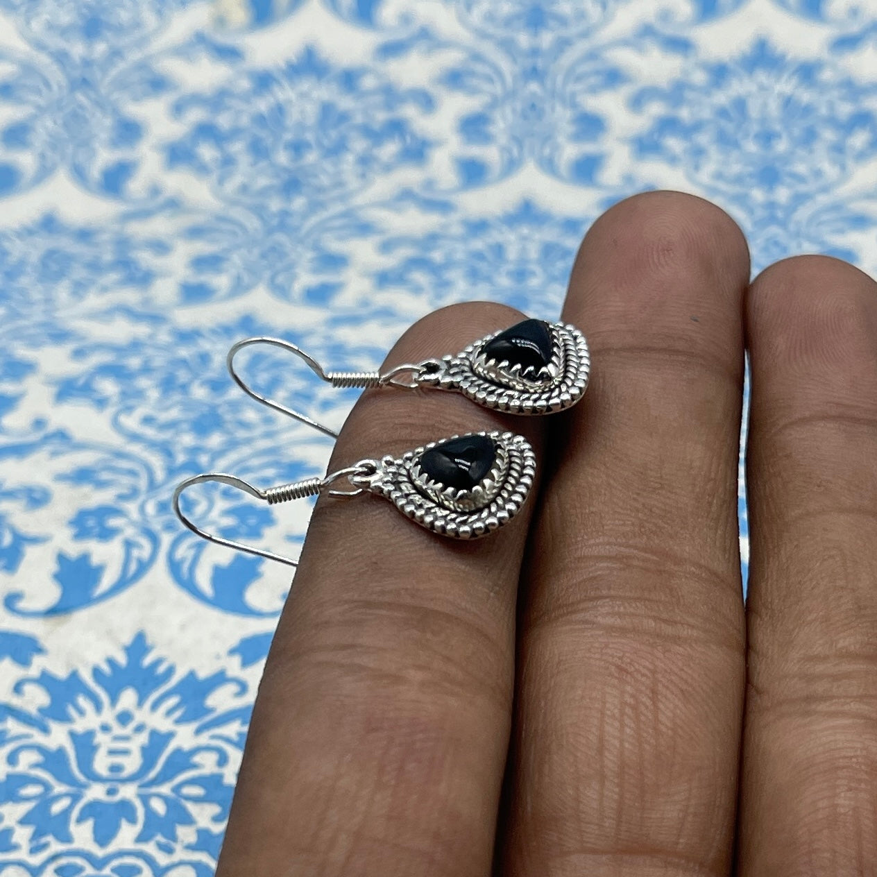 Elegant Black Onyx Trillion Earrings – 925 Sterling Silver Statement Jewelry