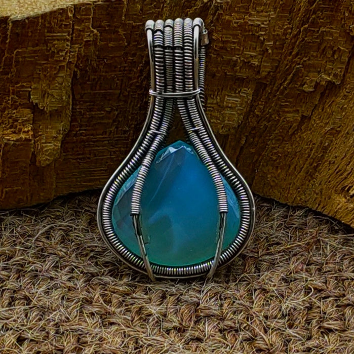 Aqua Chalcedony 925 Silver Wire Wrapped Necklace Custom