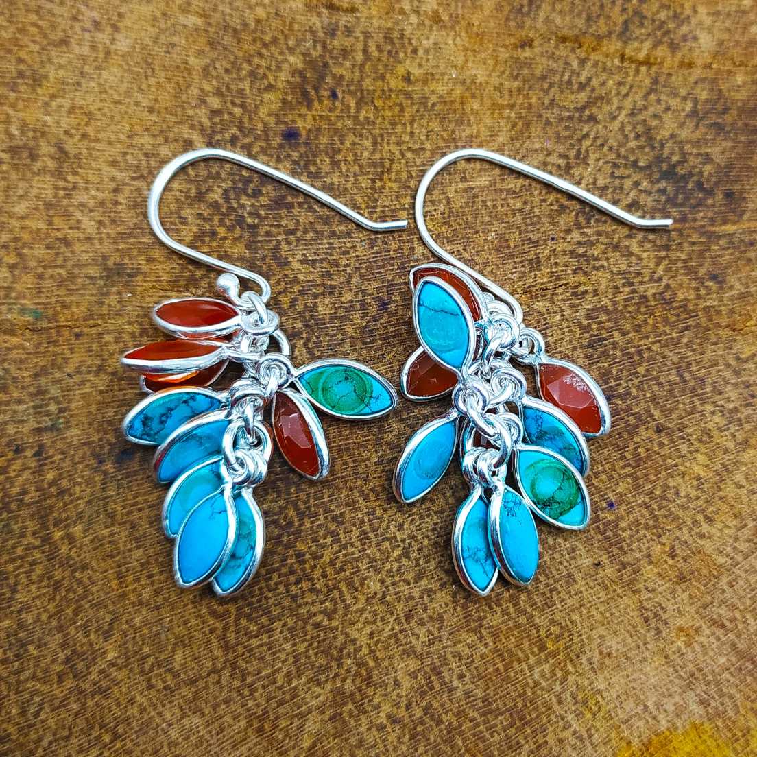 Marquise Shape Turquoise And Carnelian Grape Bunch Earring 925 Solid Silver