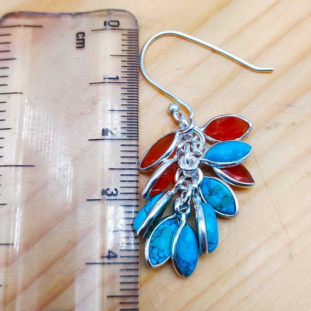 Marquise Shape Turquoise And Carnelian Grape Bunch Earring 925 Solid Silver