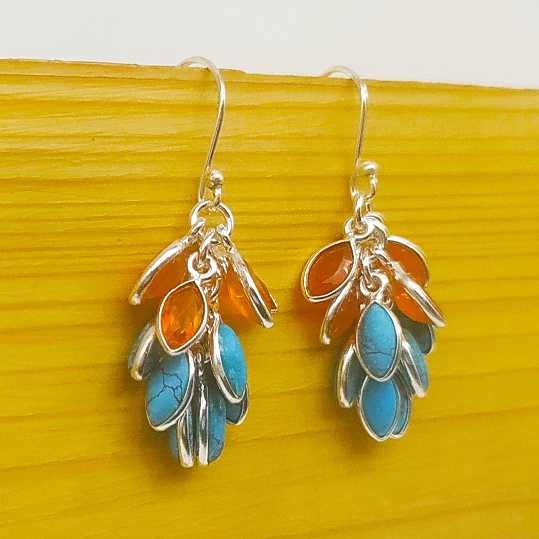 Marquise Shape Turquoise And Carnelian Grape Bunch Earring 925 Solid Silver