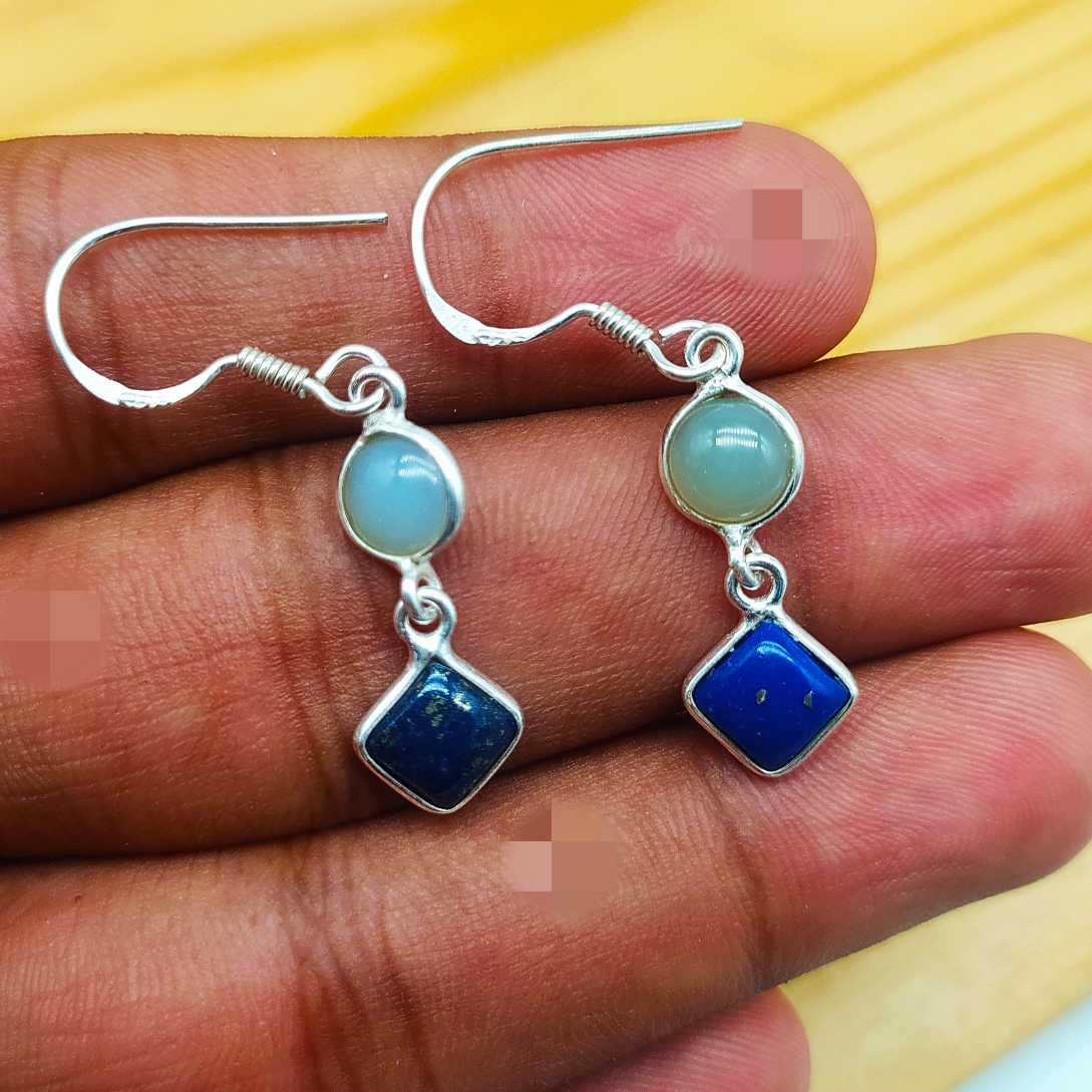 Chalcedony And Lapis Gemstone Light Weight Bohemian Earring Made In 925 Solid Silver