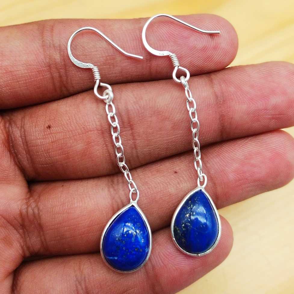 Drop Shape Lapis Gemstone Threader Earring 925 Sterling Silver