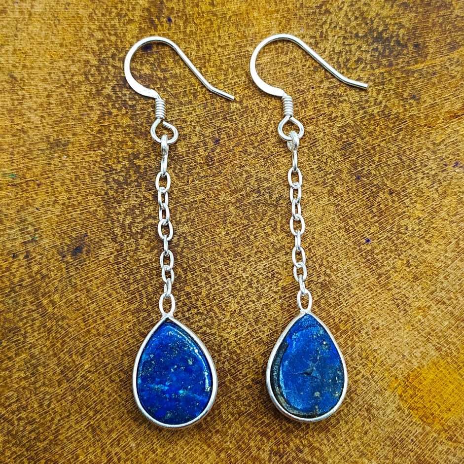 Drop Shape Lapis Gemstone Threader Earring 925 Sterling Silver