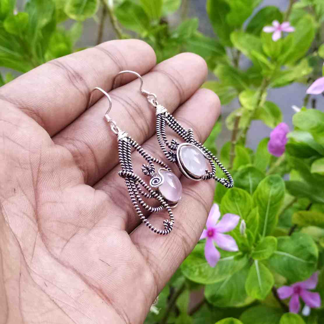 Natural Rose Quartz 925 Silver Dangle Earrings