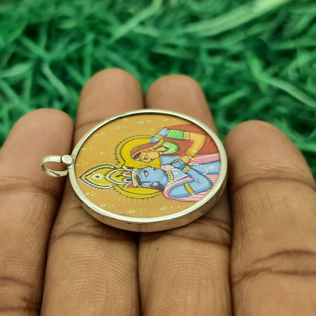 Radha Krishna Ji 925 Silver Handpainted Pendant Artisan Necklace