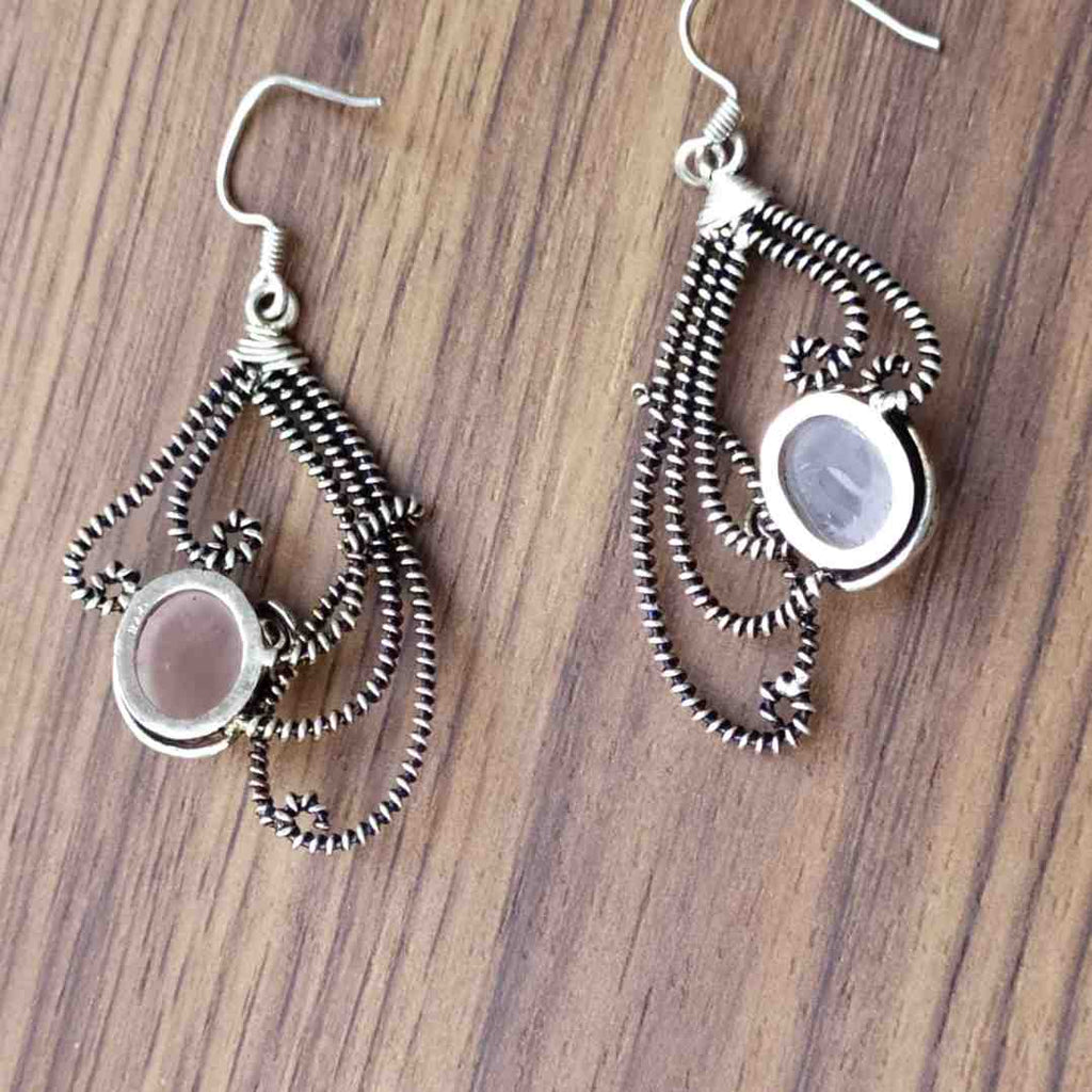 Natural Rose Quartz 925 Silver Dangle Earrings