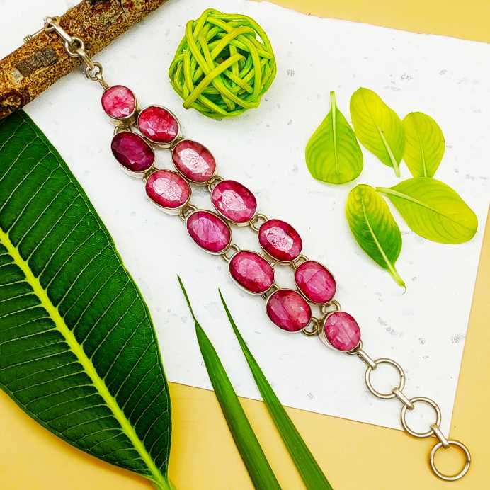Chunky Sterling Silver 925 Handmade Bracelet With Dyed Ruby Gemstone