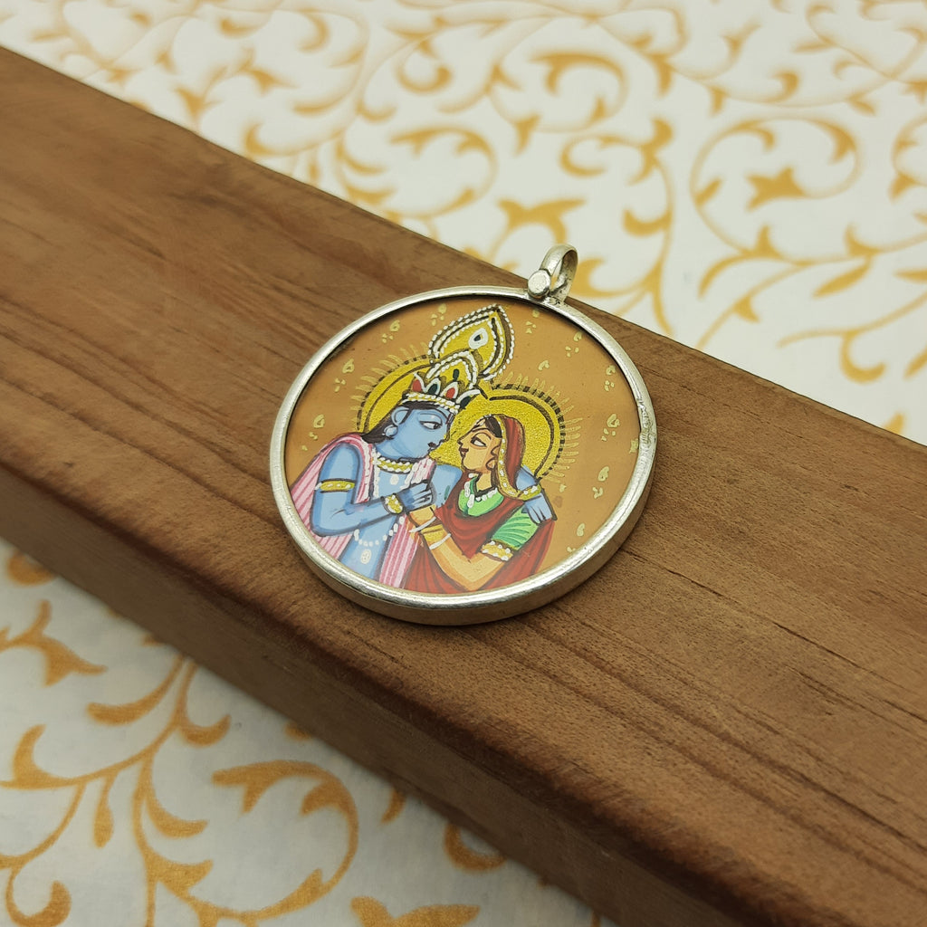 Radha Krishna Ji 925 Silver Handpainted Pendant Artisan Necklace