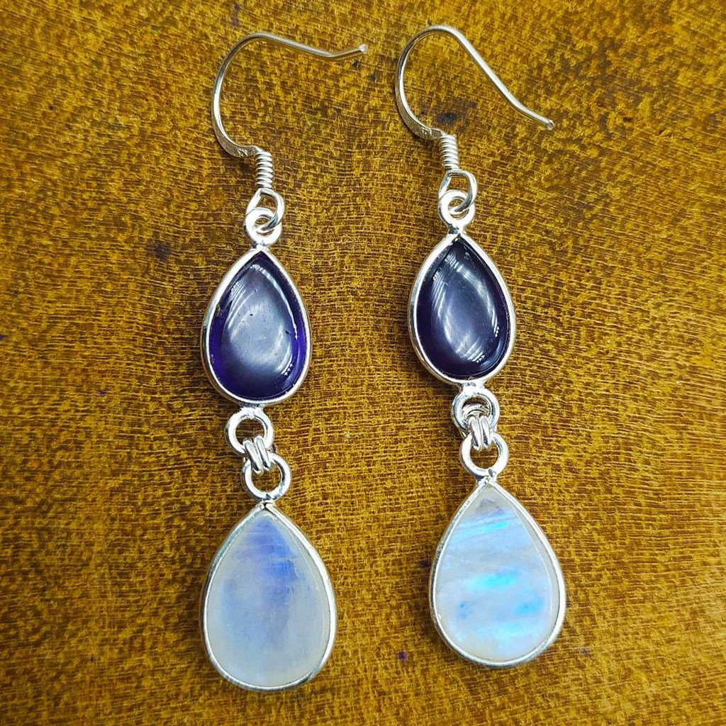 Amethyst And Moonstone Dual Stone Dangler Earring In 925 Solid Sterling Silver