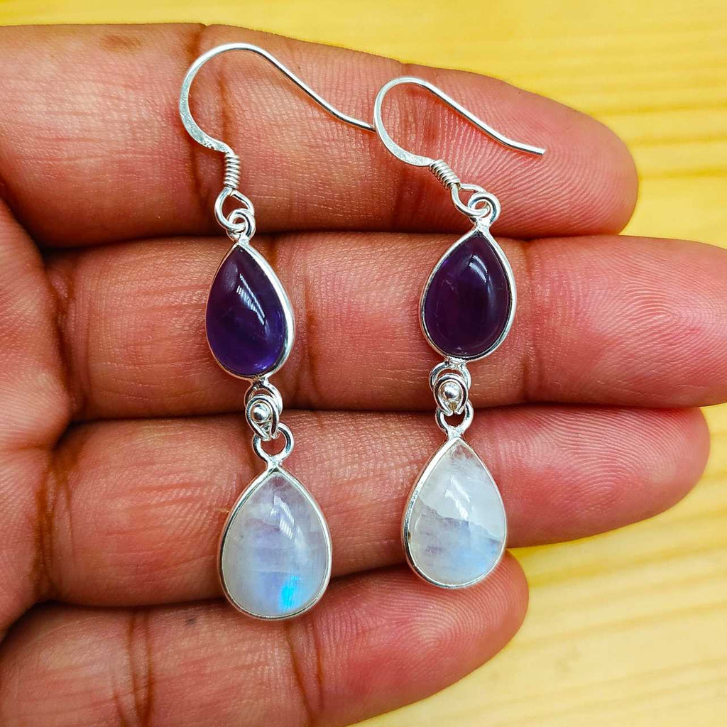 Amethyst And Moonstone Dual Stone Dangler Earring In 925 Solid Sterling Silver