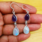 Amethyst And Moonstone Dual Stone Dangler Earring In 925 Solid Sterling Silver