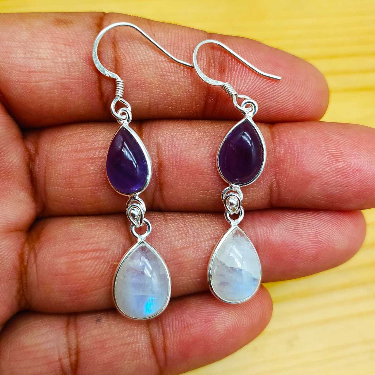 Amethyst And Moonstone Dual Stone Dangler Earring In 925 Solid Sterling Silver
