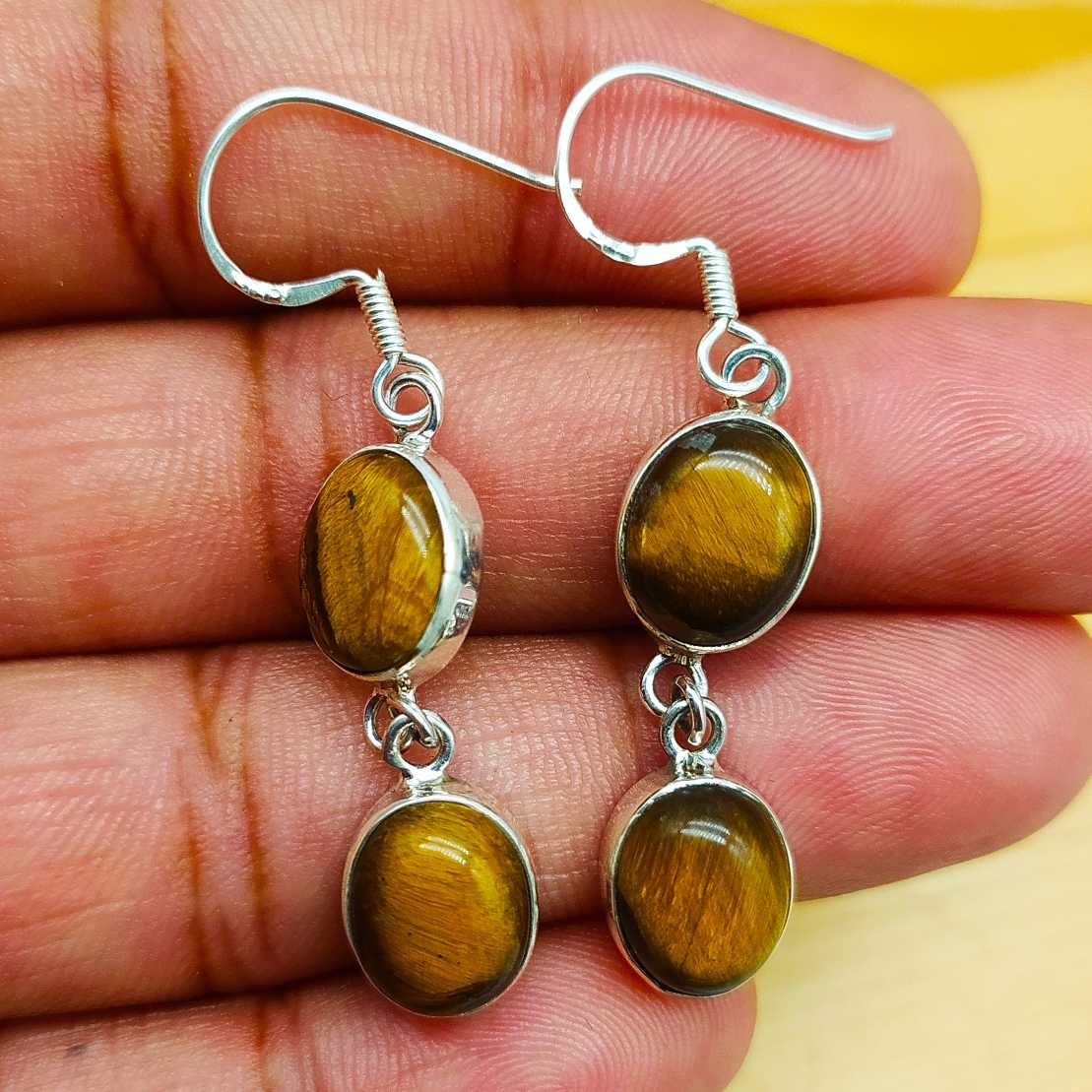 Bohemian Tiger Eye 925 Solid Silver Dual Stone Hanging Earring